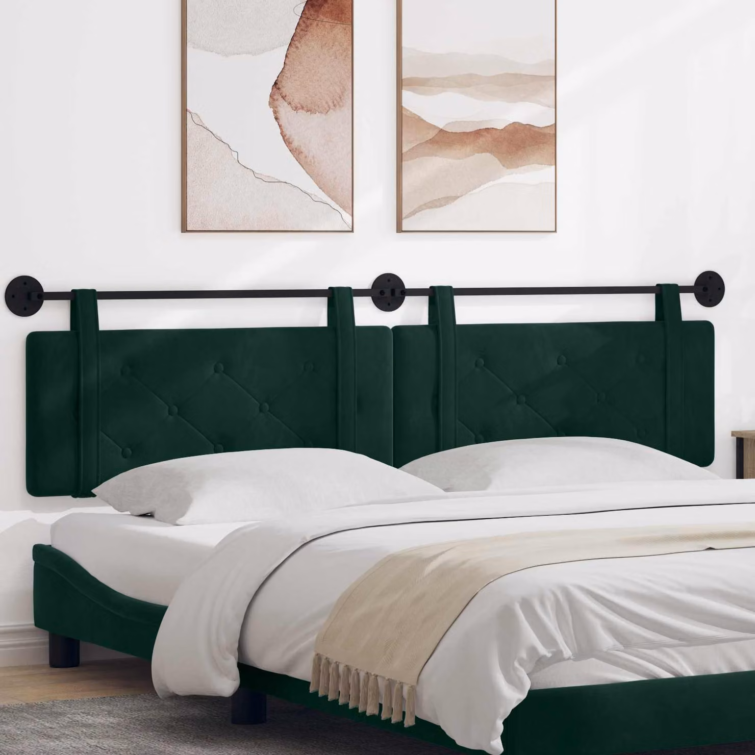 vidaXL Testiera del letto sospesa in velluto verde scuro con pannello imbottito e struttura in legno ingegnerizzato L: 210 cm, H: 55 cm, P: 5 cm