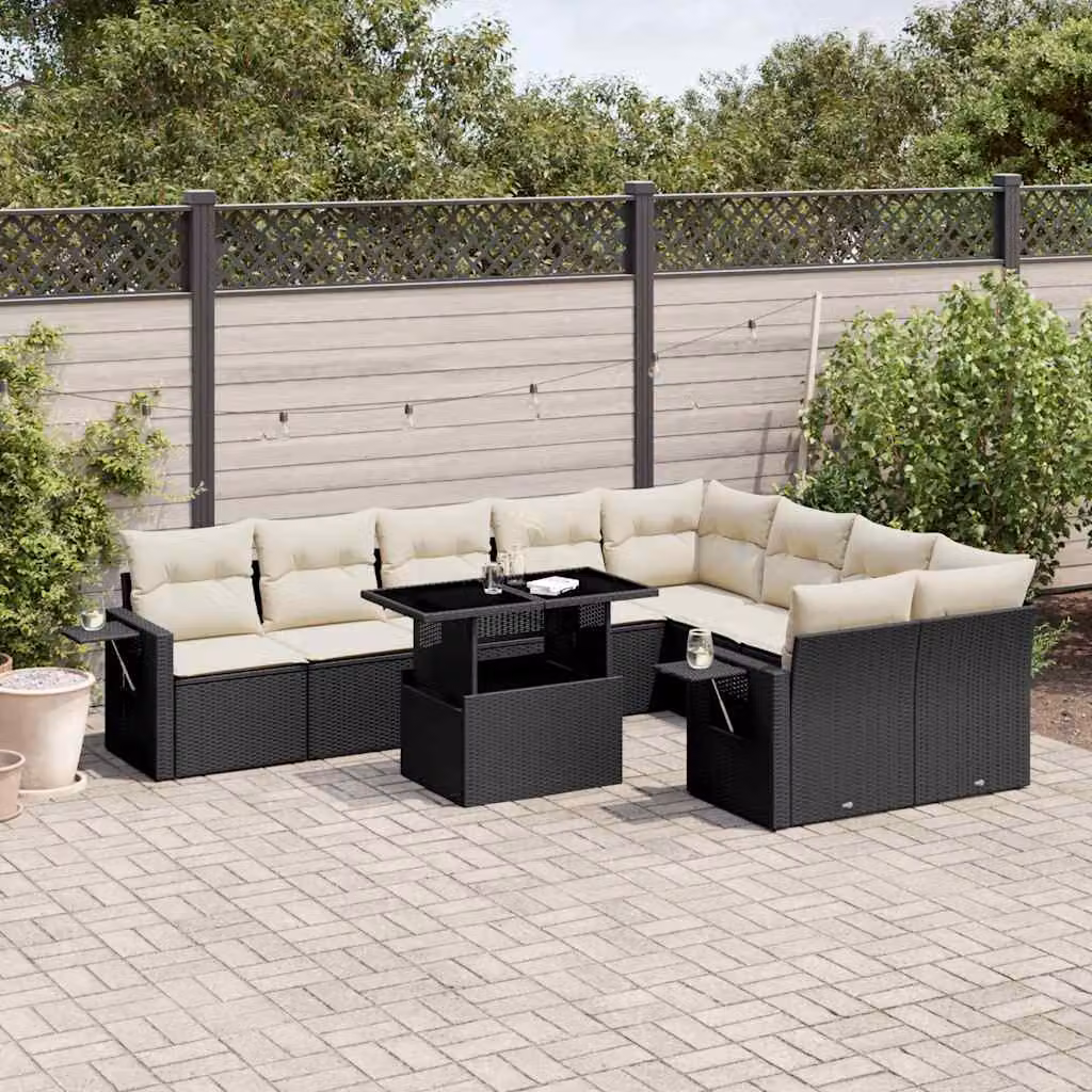 Set di Divani da Giardino vidaXL 10 Pezzi con Cuscini e Tavolino, Polyrattan e Acciaio Nero e Bianco – 1