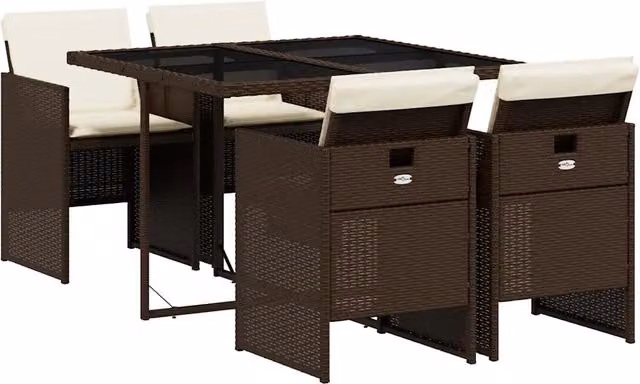 Set da Pranzo da Giardino 5pz | Set Salotto da Giardino con Cuscini in Polyrattan Marrone