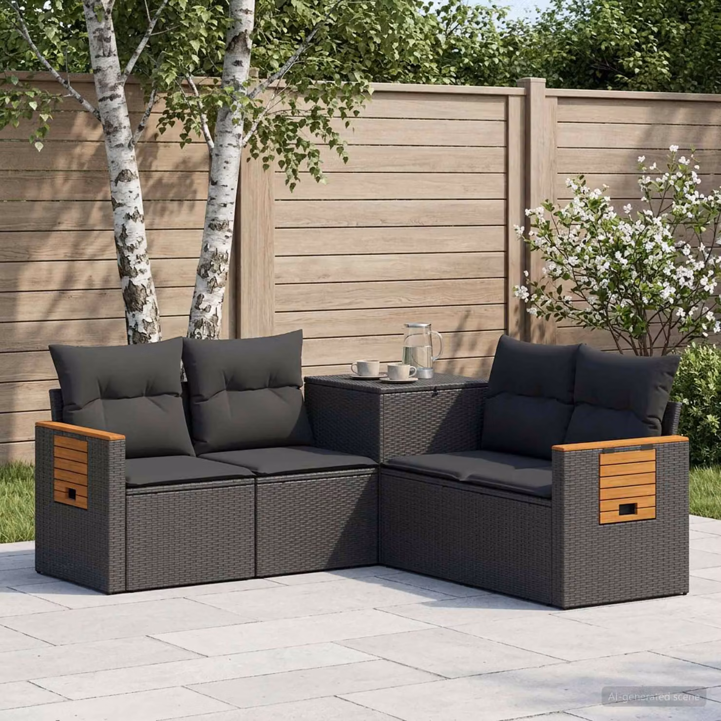 Set di divani da giardino vidaXL a forma di L con poltrona e cuscini, colore nero, in rattan sintetico e metallo