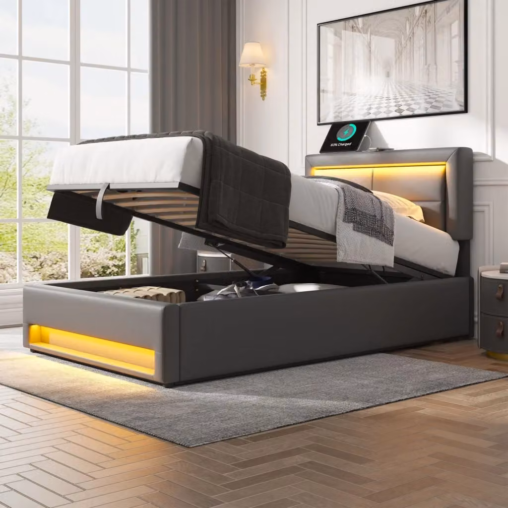 Letto singolo moderno con contenitore a sollevamento, ricarica USB, illuminazione LED sottostante e rivestimento in tessuto grigio, L/P: 90 x 200 cm – 2
