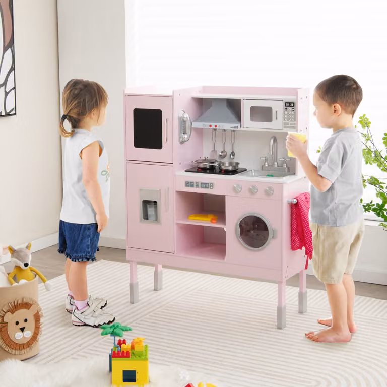 Cucina giocattolo Costway per bambini con cappa, macchina del ghiaccio, telefono e 16 accessori, colore rosa