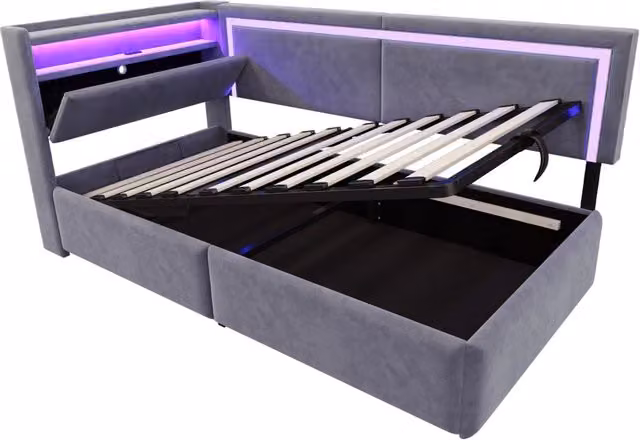 Letto contenitore in velluto scuro 90x200 cm con LED, USB e sistema di stoccaggio idraulico