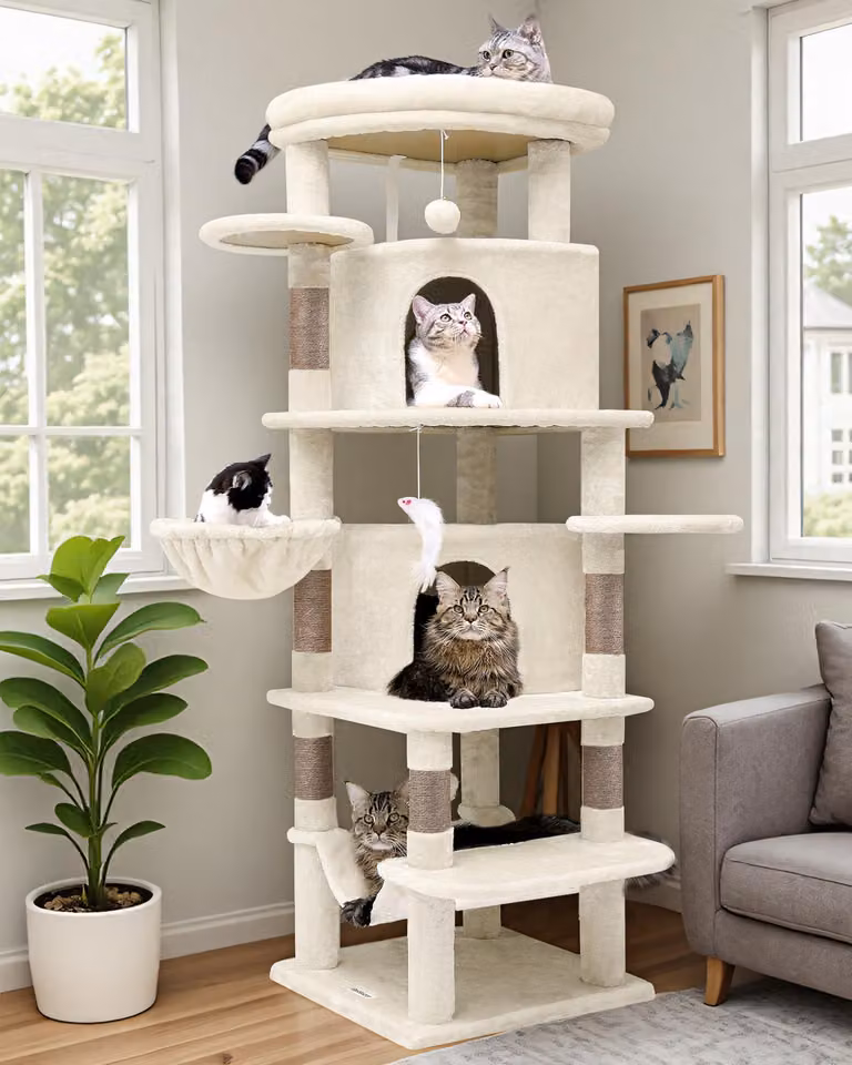Albero per gatti, forma quadrata, colore beige, altezza 167 cm, con 2 rifugi per gatti, una piattaforma, un'amaca e giocattoli per gatti