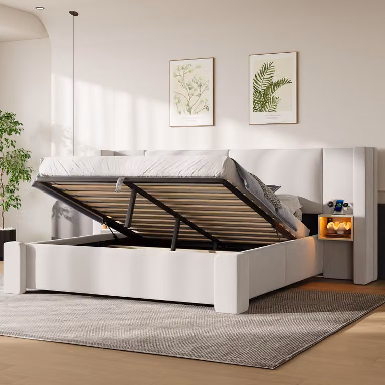 Letto matrimoniale MODFU 140x200, imbottito con spazio contenitore idraulico, letto per ragazzi con LED e testiera imbottita, struttura letto con comodini, senza materasso, color beige