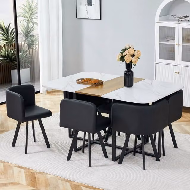 Set tavolo e sedie da pranzo estensibile MIVRAY per 4-6 persone in MDF, metallo e plastica, design moderno rettangolare, colori bianco e nero