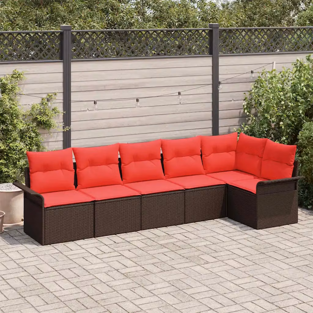 Set Divano da Giardino vidaXL 6 pz a Forma a L con Cuscini Marrone e Rosso in Polyrattan e Metallo
