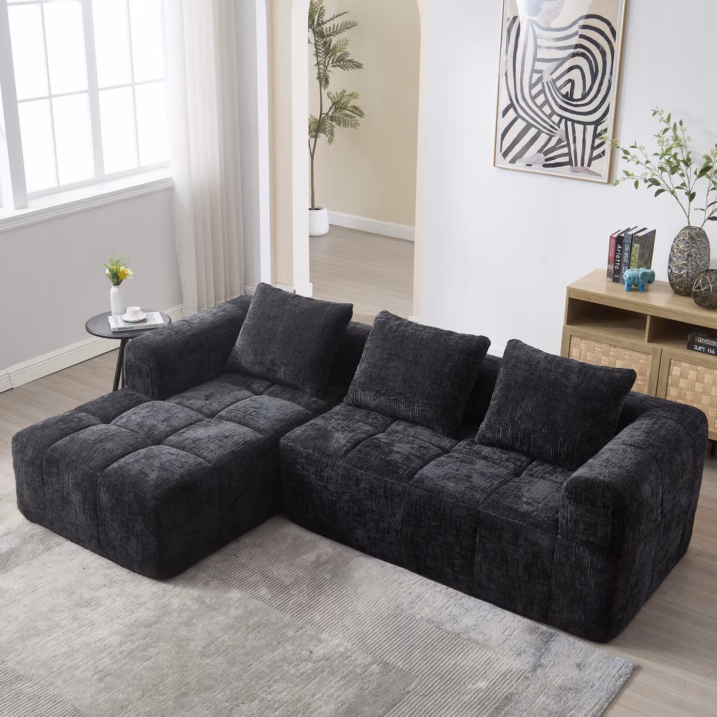 Divano modulare moderno, divano a forma di L, divano a 3 posti, non richiede installazione, divano in velluto con chaise longue e braccioli, 3 cuscini, tasca laterale per il telecomando, colore nero