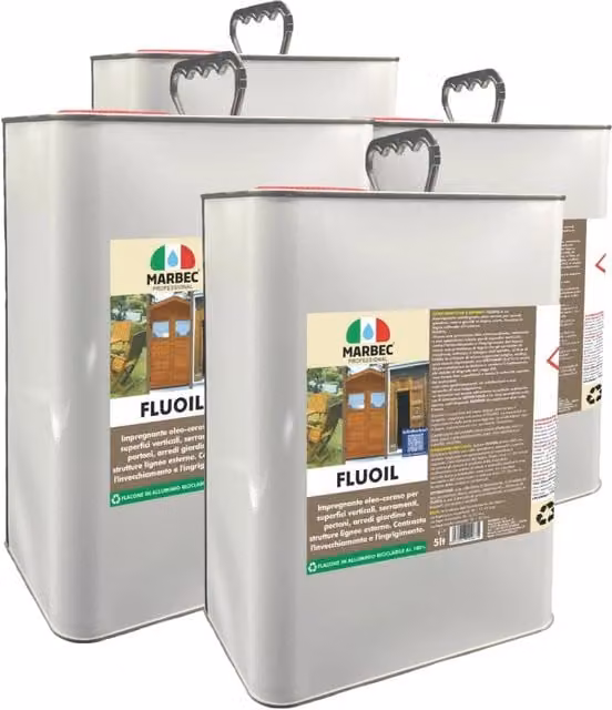 Impregnante per legno esterno Marbec FLUOIL trasparente con protezione UV e idrorepellente, confezione da 4 x 5 l