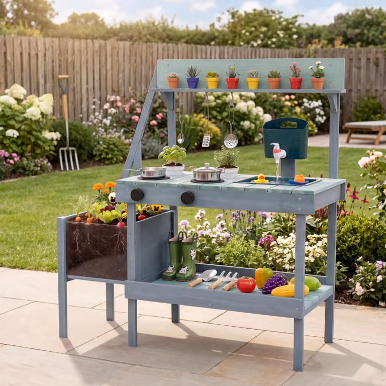 Cucina giocattolo Costway in legno massello con fioriera rialzata per bambini, modello Montessori verde per esterni