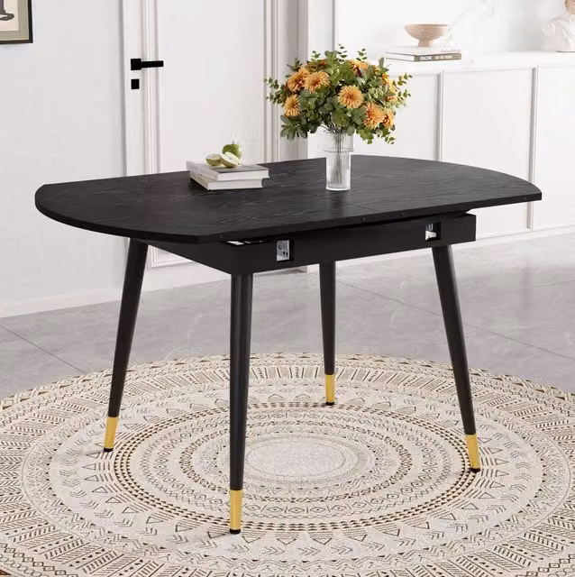 Tavolo da Pranzo Allungabile Moderno con Piano MDF Nero/Noce e Gambe in Metallo Oro, Trasformabile da Rotondo a Ovale