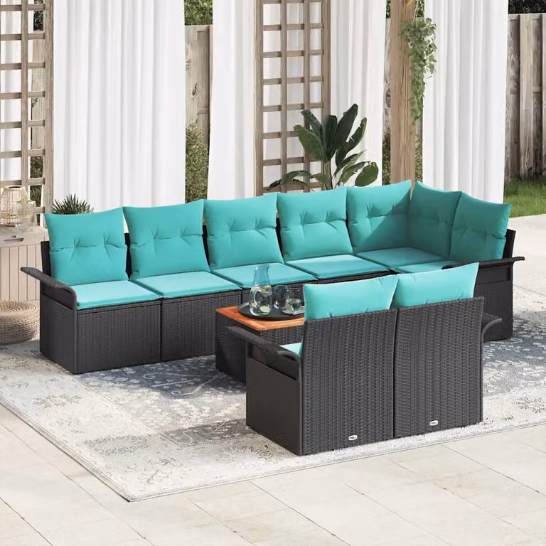 vidaXL Set Divano da Giardino a Forma di U da 9 Pezzi con Tavolino, Nero e Turchese
