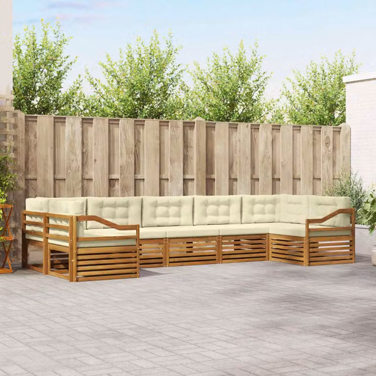 vidaXL Set di divani da esterno a forma di U composto da 7 pezzi in legno di acacia con cuscini, colore beige e marrone