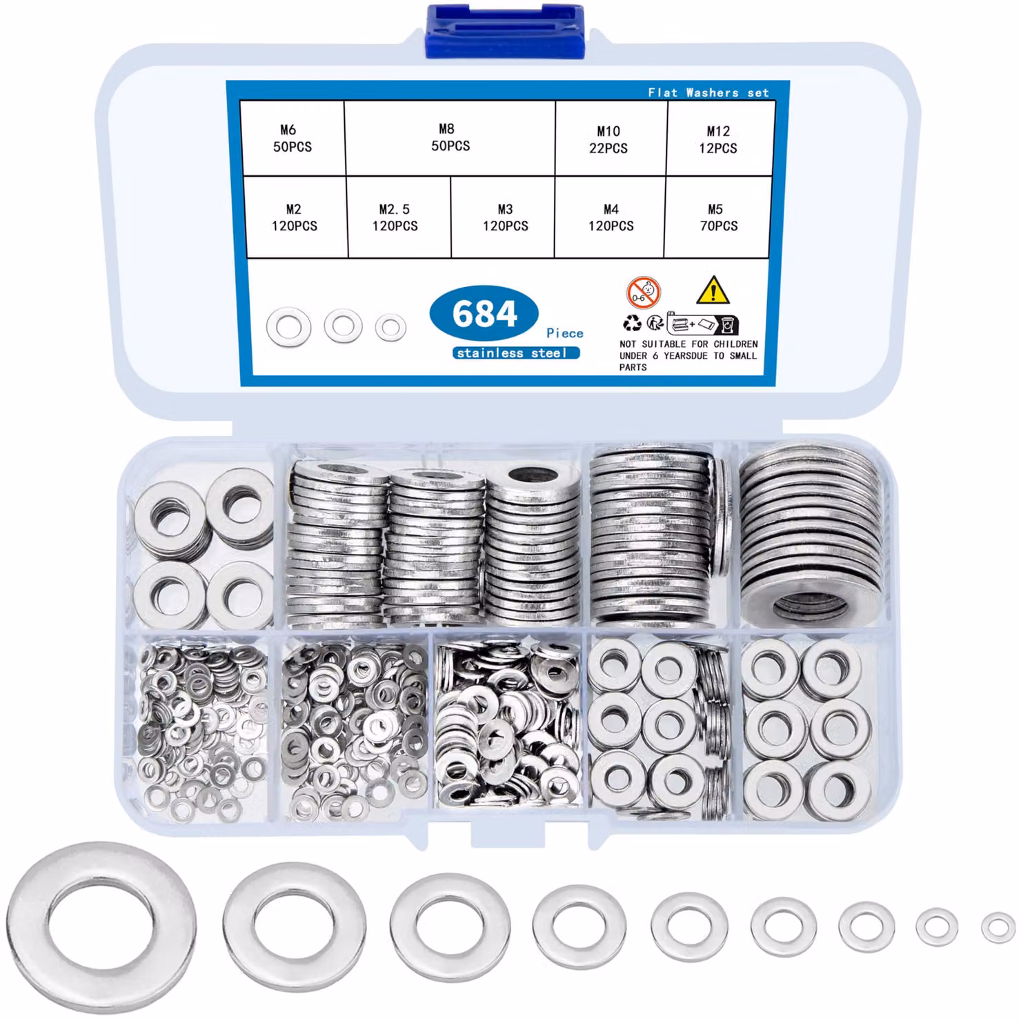 684 rondelle piatte, rondelle in acciaio inossidabile, set assortita, 9 misure