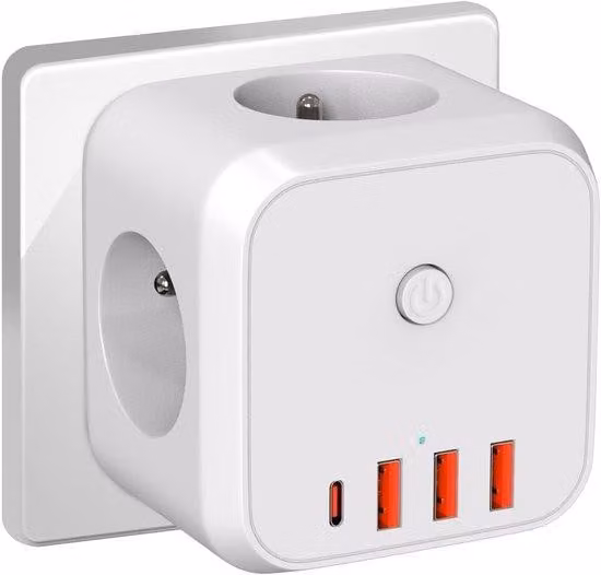 Ciabatta multipresa cubica a 7 prese, 3 x 230V - 4000W, con interruttore, ideale per soggiorno, ufficio e camera da letto
