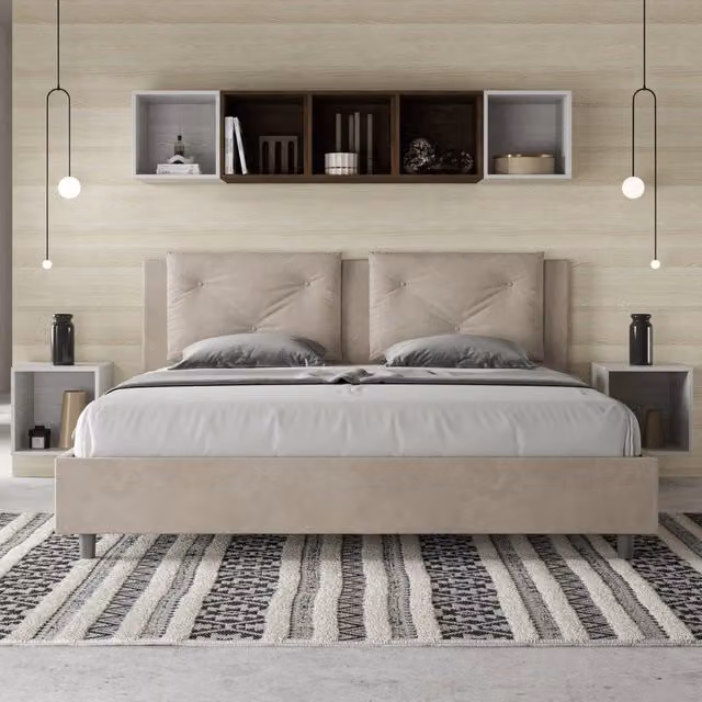 Letto matrimoniale king size con contenitore Appia Ityhome imbottito in microfibra colore sabbia L/P: 190 x 190 cm