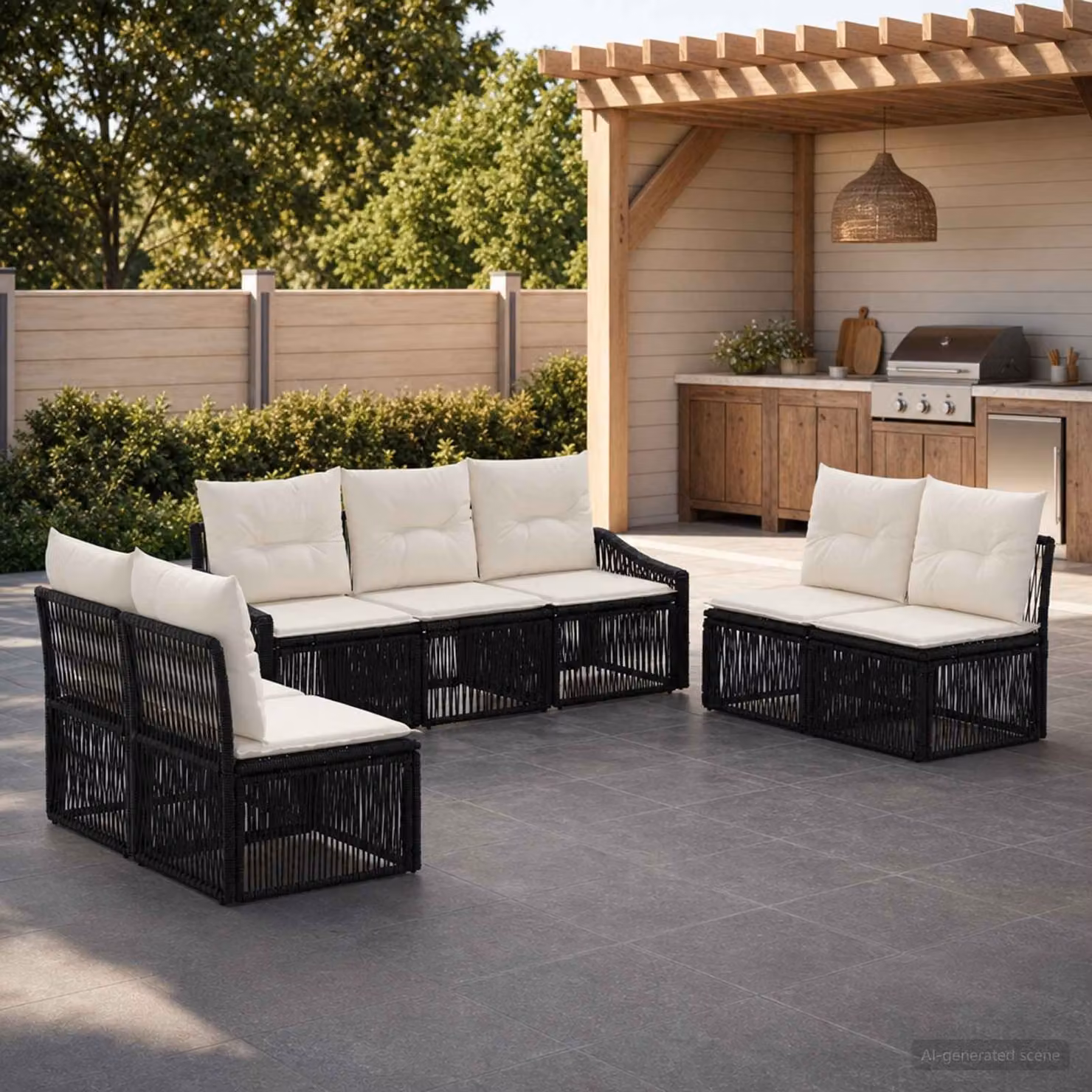 Set Divano da Giardino vidaXL 7 Pezzi a Forma di L in Polyrattan Nero con Cuscini e Struttura in Acciaio