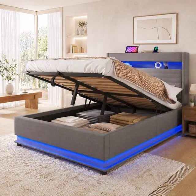 Letto matrimoniale contenitore MODFU in lino grigio con illuminazione LED, porte USB e USB-C, L/P: 140 x 200 cm