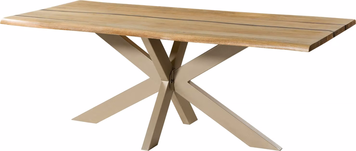 MASSIVMOEBEL24 | Tavolo da pranzo in legno di mango e resina epossidica nera 220x100x74 laccato natur / gambe incrociate argento matt EPOXY