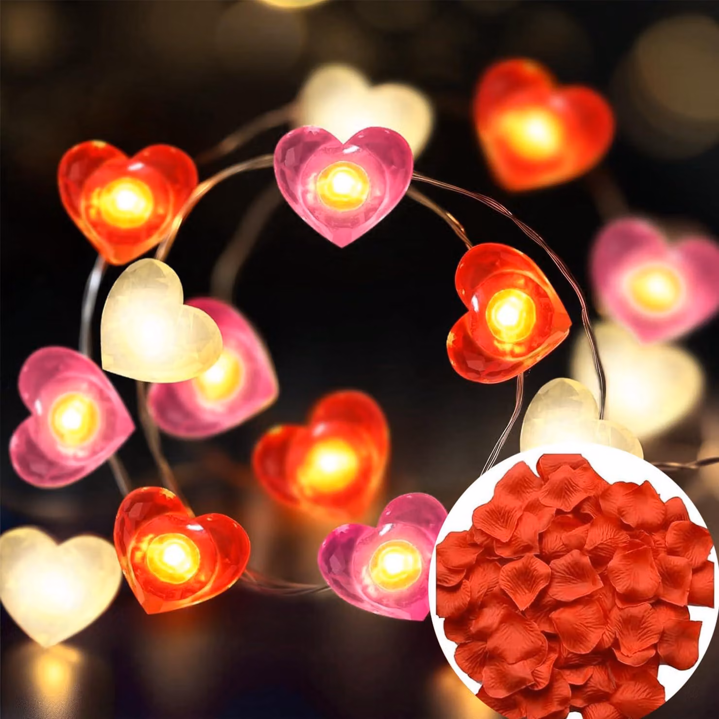 Catena luminosa a forma di cuore, 2 metri, 20 cuori LED rossi, 1000 petali di rosa, alimentazione a batteria