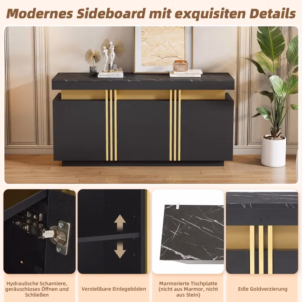 Sideboard Modern REDOM con 3 Ante in MDF Nero e Oro Effetto Marmo Lucido L: 140 cm, P: 38 cm, H: 70 cm – 2