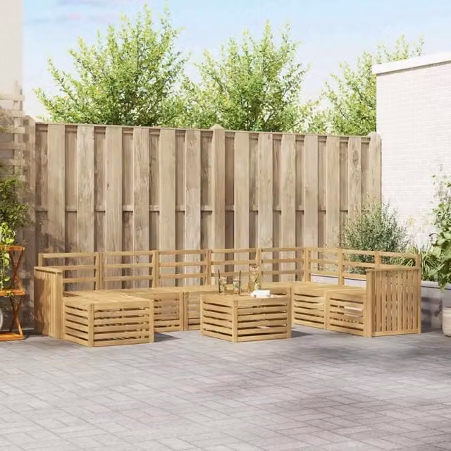 Set di divani da esterno vidaXL in legno di acacia massello con cuscini bianchi e marroni, composizione a L con tavolino e pouf, 9 pezzi