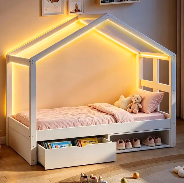 Letto a casetta per bambini con cassetto, scarpiera e illuminazione LED multicolore, bianco, L/P/H: 90 x 190 cm