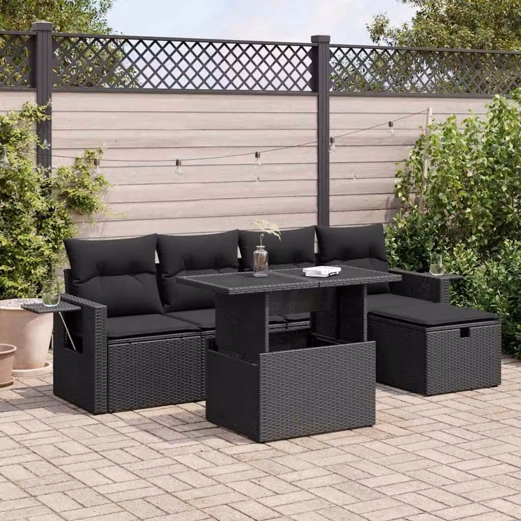 Set Divano da Giardino vidaXL 6 pz in Polyrattan Nero con Cuscini