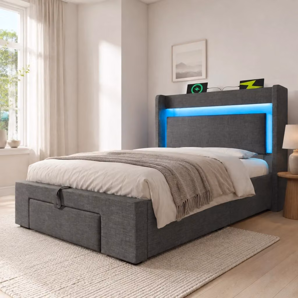 Letto imbottito REDOM grigio con illuminazione LED, porte USB e USB-C, contenitore a sollevamento e mensola integrata, L/P/H: 219 x 101 x 111 cm (90x200 cm) – 2