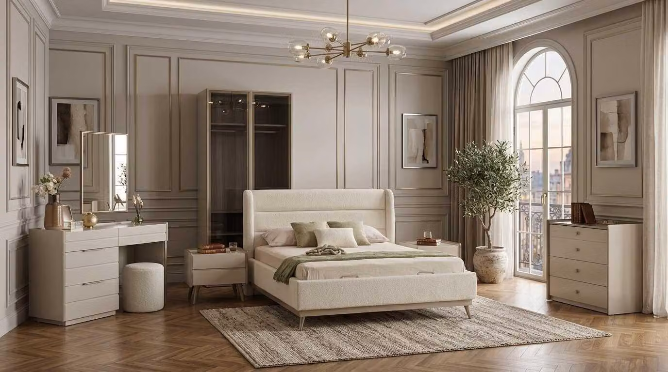 Set per camera da letto beige, moderno, composto da: letto, comò da trucco, armadio con vetri