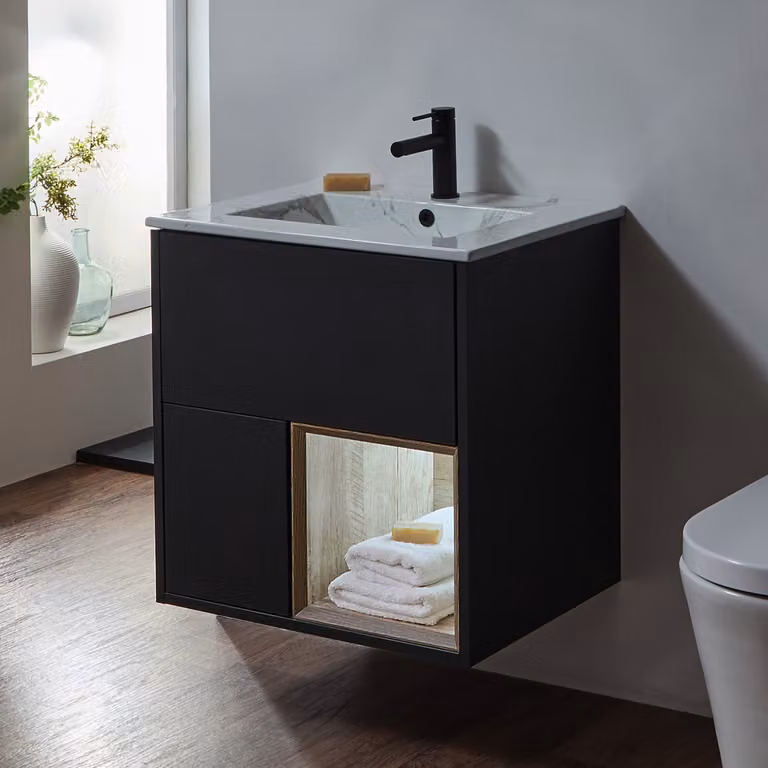 Mobile Bagno Sospeso con Ripiano Aperto in Rovere Chiaro da 612mm con Lavabo Effetto Marmo - Hoxton