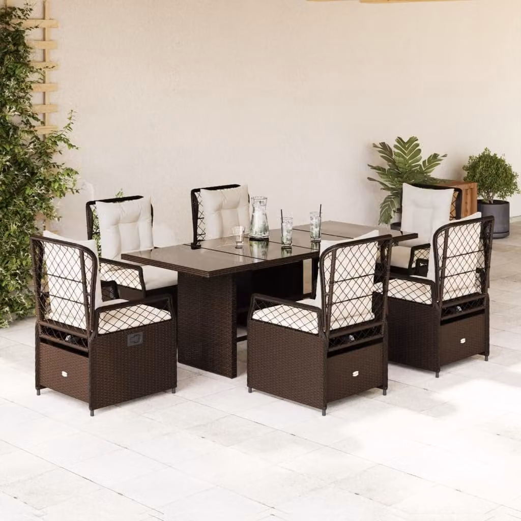 Set da pranzo da giardino vidaXL in polyrattan marrone con cuscini bianchi e tavolo in vetro – 1