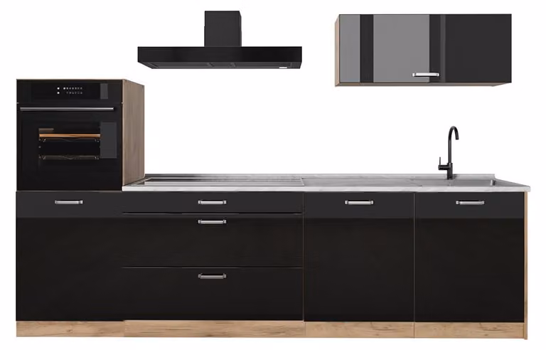 Cucina componibile Vicco R-Line Nero lucido/Rovere dorato 280 cm piano di lavoro Marmo, Model 66491