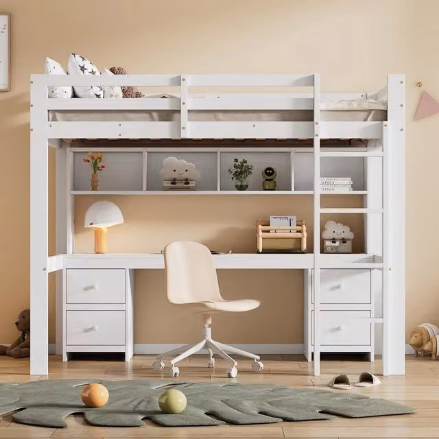 Letto a soppalco MINIMAL con scrivania e contenitore bianco per bambini L/P: 90 x 200 cm