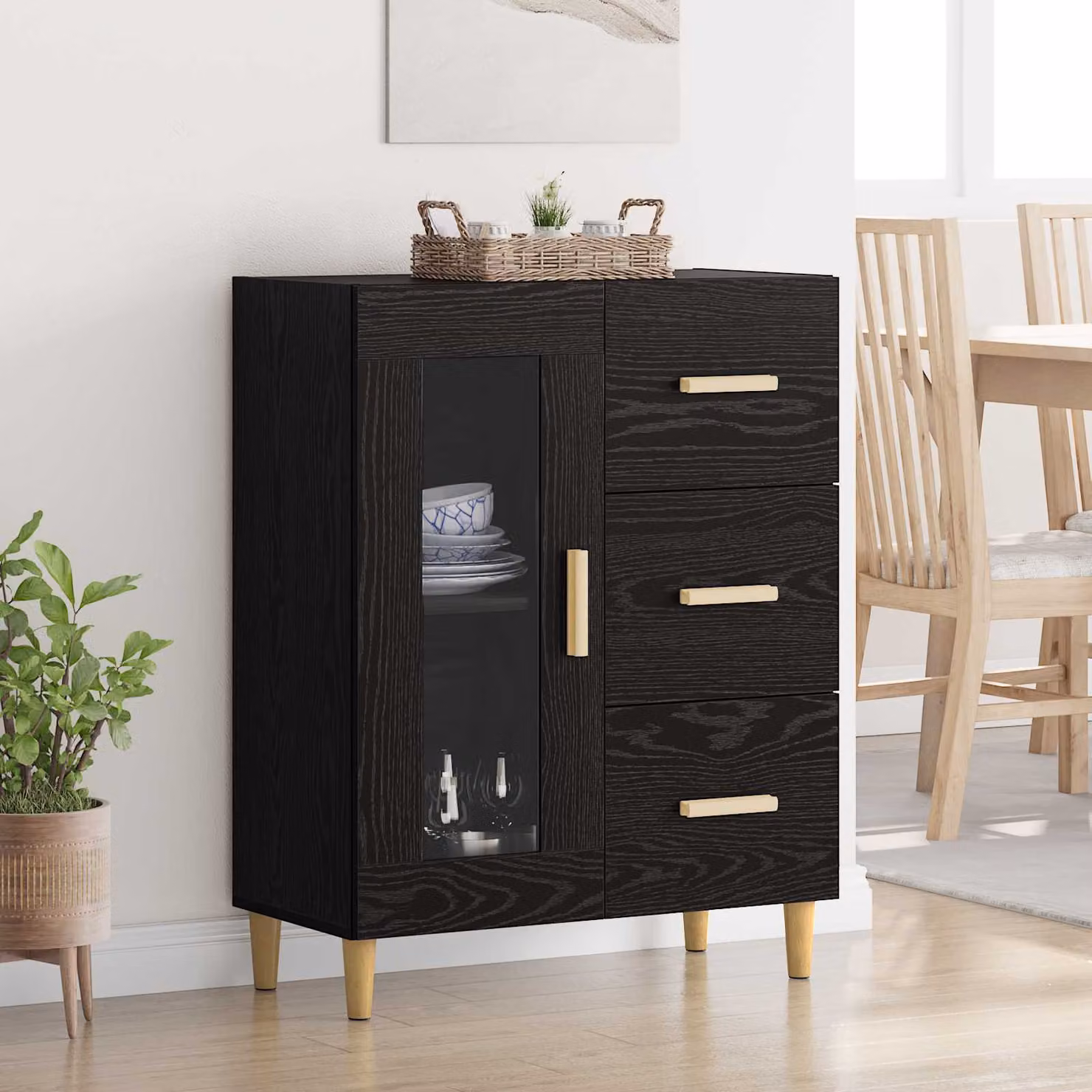 Credenza moderna vidaXL in legno ingegnerizzato e vetro, colore nero lucido, L: 69,5 cm, P: 34 cm, H: 90 cm