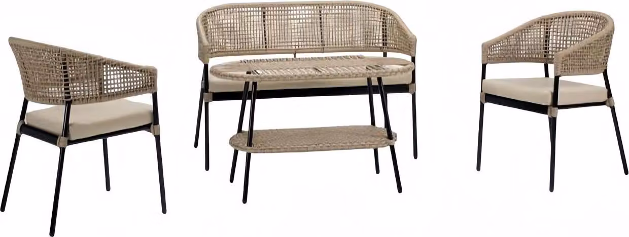 Sofagarnitur Sofa 2 Sitzer Luxuriöse Rattan Moderner 2x Sessel Couchtisch Beige