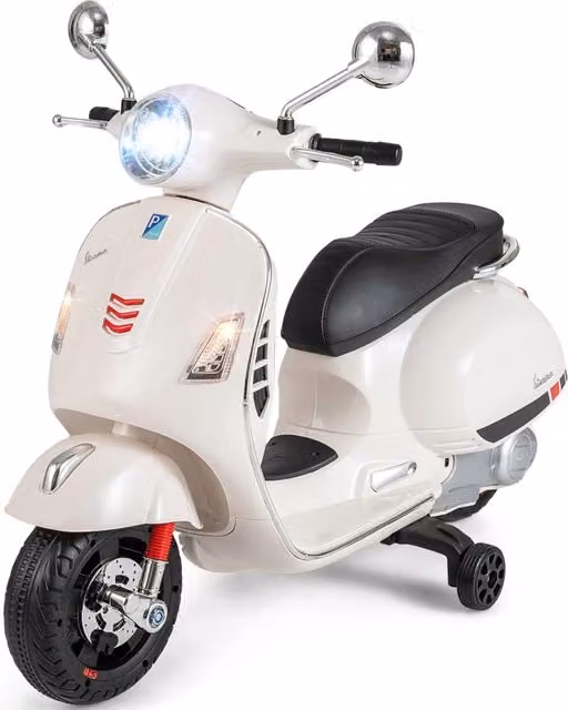 Scooter elettrico Vespa per bambini 12V con luci e suoni, colore bianco, per età 3-6 anni