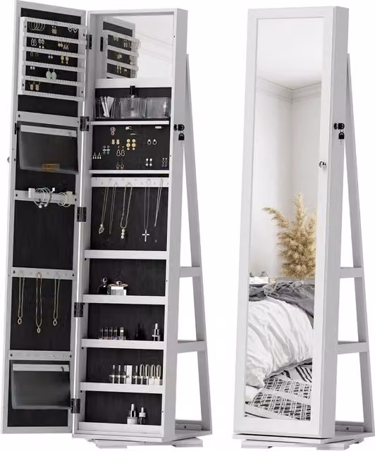 Specchio Portagioie Girevole in Legno Bianco e Vetro per Camera da Letto, L/P/H: 38 x 38 x 160 cm
