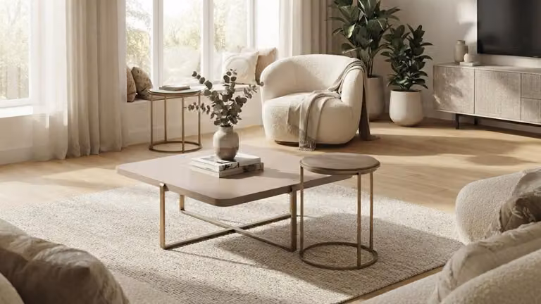 Set di tavolini: 1 tavolino da caffè e 2 tavolini laterali, stile moderno, colore beige, design compatto