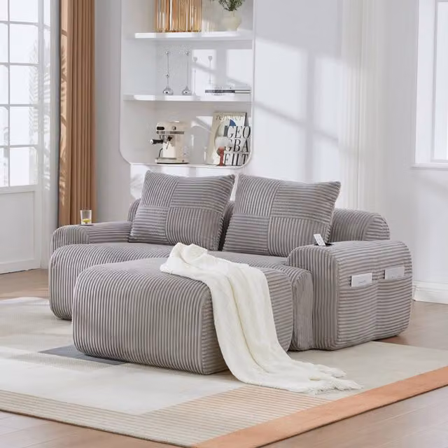 Divano modulare 2 posti 200x174x80 cm con portabicchieri e tasca laterale in velluto a coste grigio chiaro