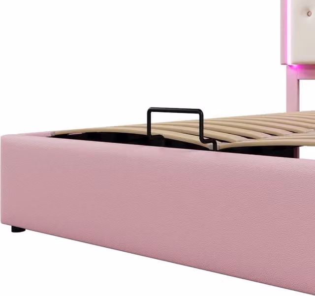 Letto matrimoniale imbottito Chicfurn con contenitore idraulico, testiera a corona e illuminazione LED, rivestimento in ecopelle rosa, L: 140 cm, P: 200 cm, H: 103,5 cm