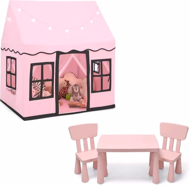 Tenda da gioco per bambini e set con tavolo e 2 sedie per bambini, Casetta per interni ed esterni e set con tavolo e 2 sedie Rosa