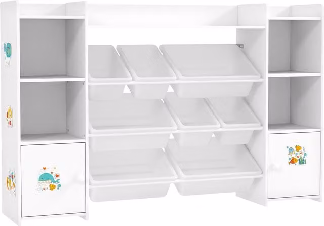 AIYAPLAY Mobile per bambini con 8 casse rimovibili, scaffale per giocattoli bianco, L: 140 cm, P: 30 cm, H: 90 cm