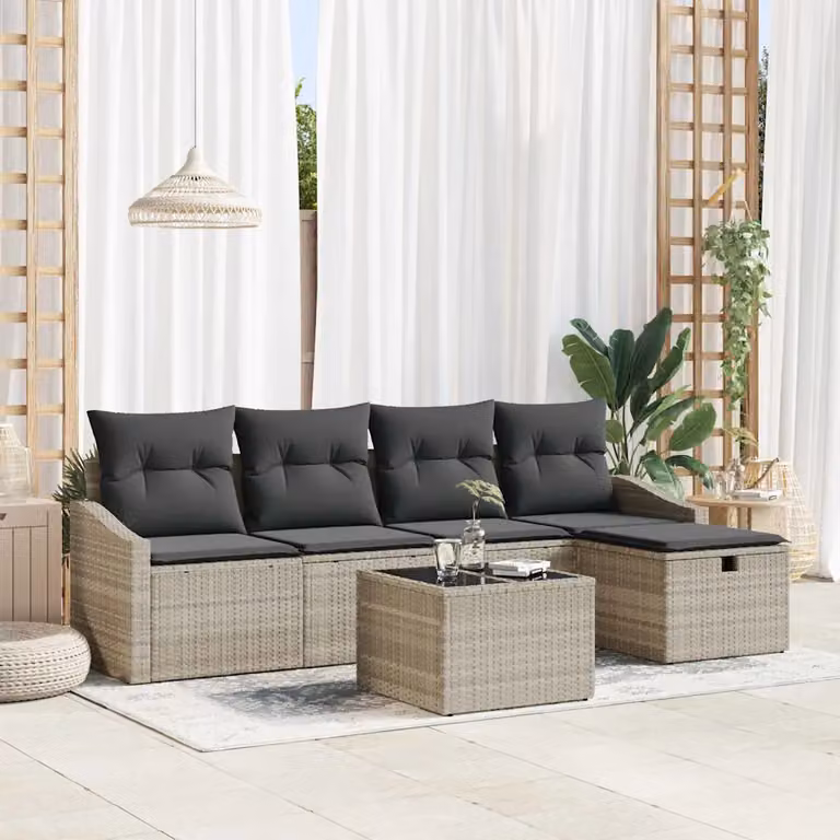 Set di divani da giardino vidaXL a forma di L in rattan grigio con tavolo e cuscini