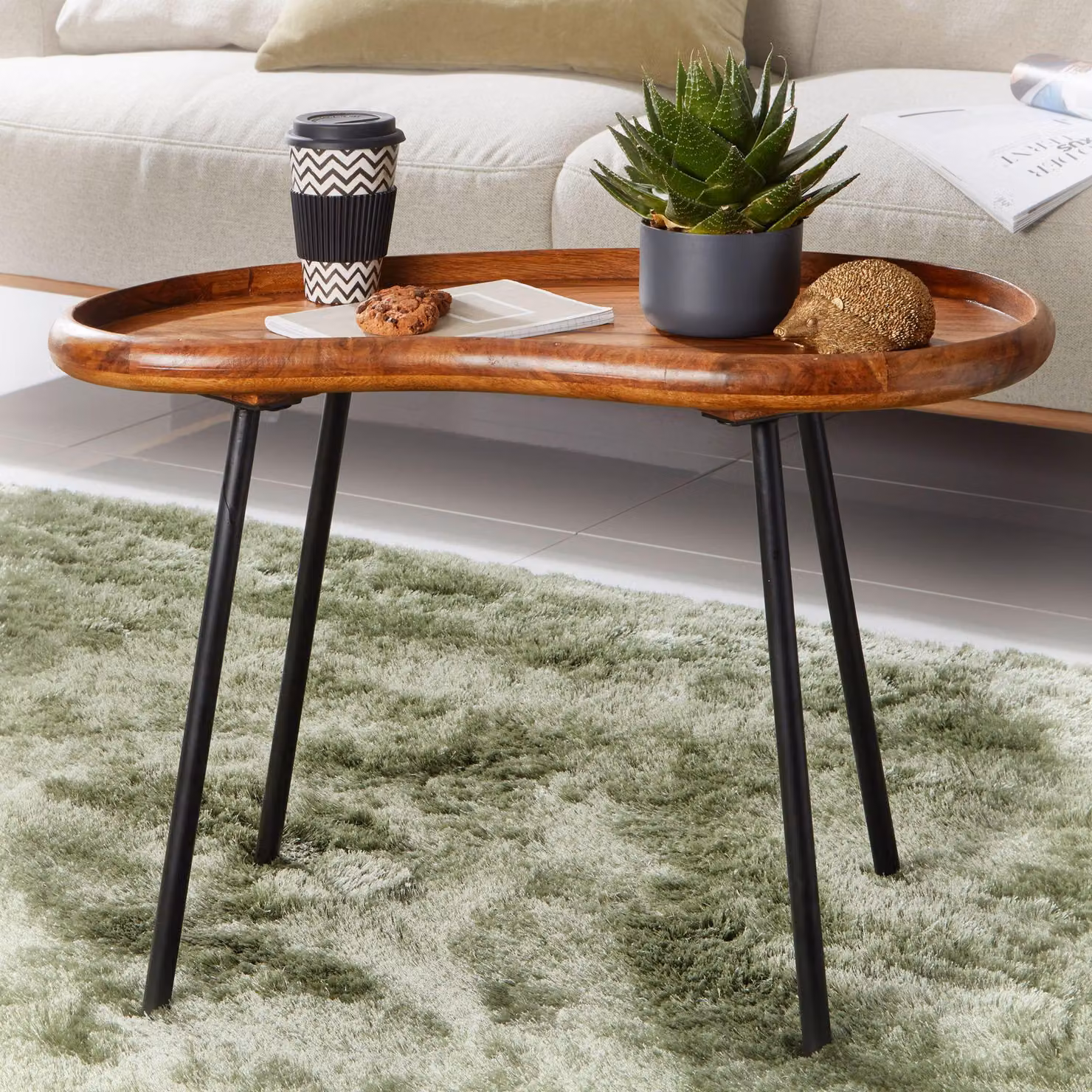 FineBuy Tavolino da salotto taglia L in legno massello di sheesham, a forma di rene con gambe in metallo, tavolino da salotto in legno massello, tavolino a forma di rene in vero legno