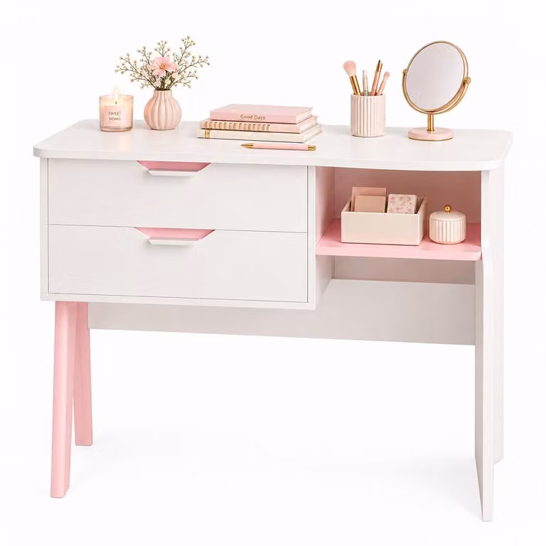 Scrivania per bambini e ragazzi bianca con dettagli rosa, 90 cm, con cassetti