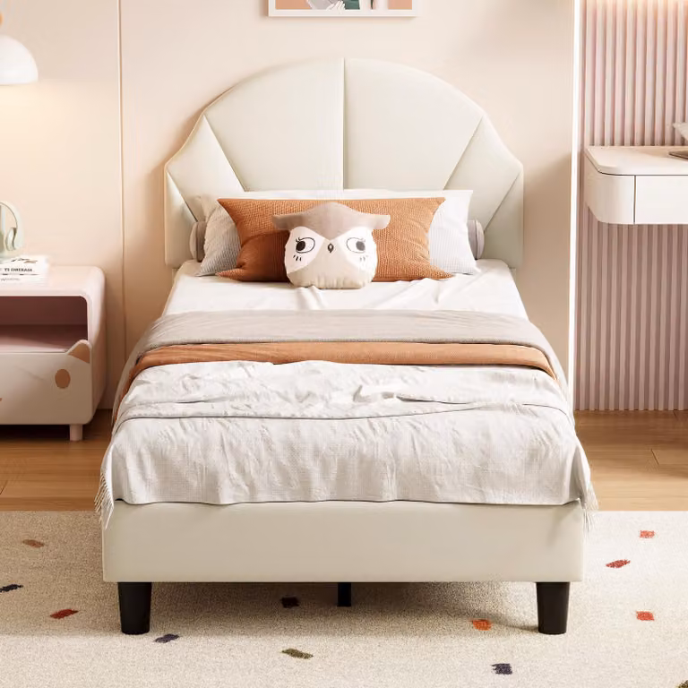 UnboxG Letto per bambini 90x190 cm Beige Velluto Letto imbottito – Letto per ragazzi con testiera regolabile in altezza, morbido letto singolo per bambini e adolescenti