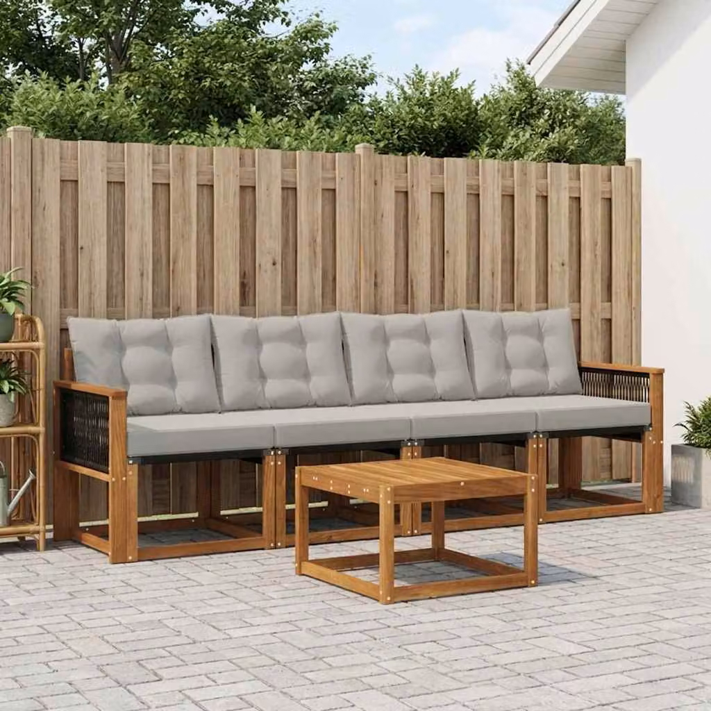 Set di divani da esterno vidaXL 5 pezzi in legno di acacia con tavolino e cuscini, colore naturale e grigio chiaro