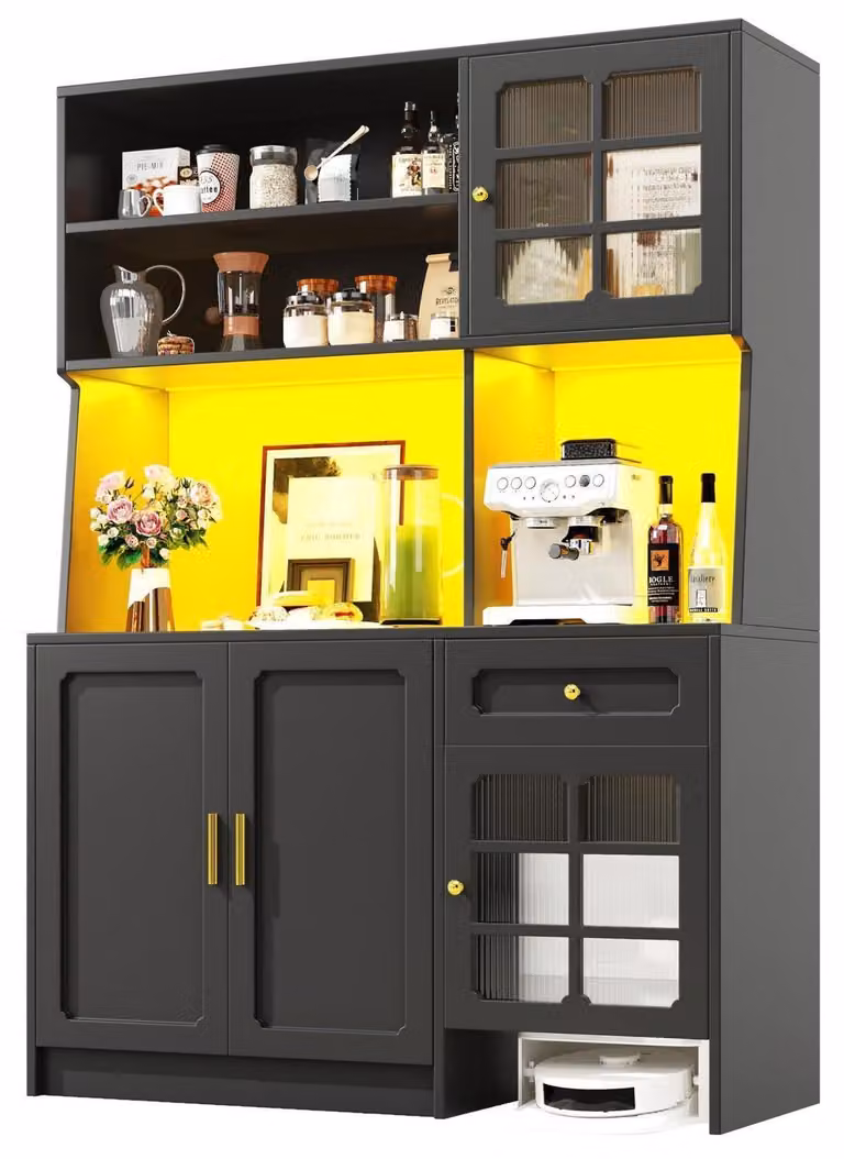 Mobiletto da cucina/credenza con ante in vetro e illuminazione a LED, dimensioni 130x45x180 cm, colore nero