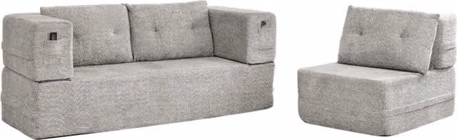 Divano modulare 2 posti con poltrona pieghevole in memory foam, divano letto salvaspazio grigio chiaro con tasche laterali